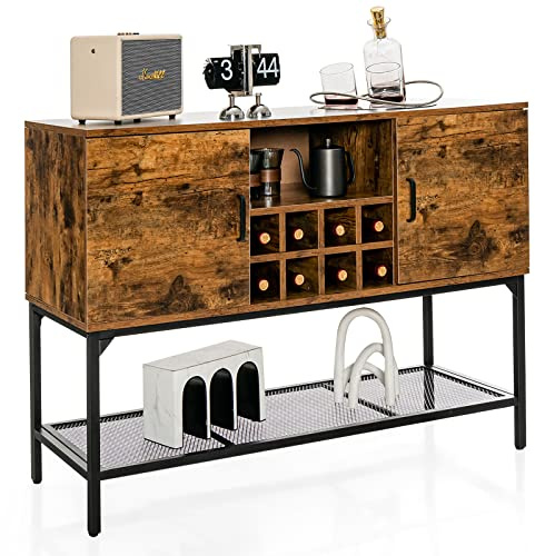 GOPLUS Aparador Industrial con 2 Puertas, botellero para 8 Botellas de Vino, Estante de Malla, Armario de Cocina con Estructura de Metal Resistente, pies Ajustables, para salón, Comedor, 120×40×85cm