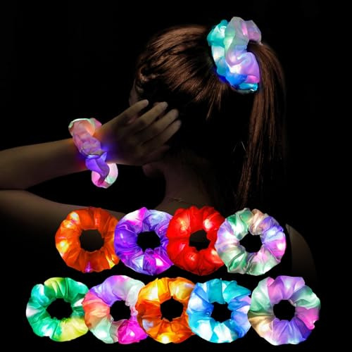 Lot de 9 chouchous à cheveux LED pour fille - 9 bracelets lumineux - Cadeau d'anniversaire d'enfant - Cadeau pour fille - En satin - Pour fête - Accessoire de décoration pour femme