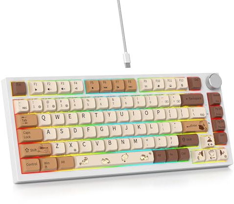 SOLIDEE Mekaniskt Tangentbord, Kablanslutet 75 Procent, Hotswappable, Gasket Struktur RGB-bakbelyst, 82 Tangenter NKRO-kompakt Tangentbord Med Kontrollknopp (82 Coffee Cat)