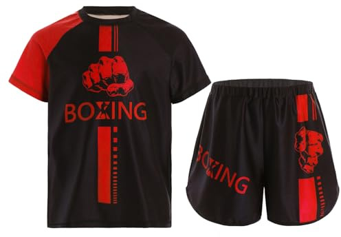 ranrann Ensemble de Boxe Enfant Garçon Tenue T-shirt avec Short de Boxe Muay Thai MMA Kickboxing Rouge 5-6 ans