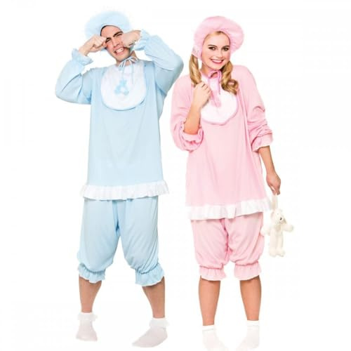 A2ZFD Adult Couples Cute Cry Baby Blue and Pink Costumes + Jumbo Bottle and Dummy Options : Mens Womens Funny Hen Stag Fancy Dress Party (Costumes Only, One Size : Pink + XL Size : Blue)