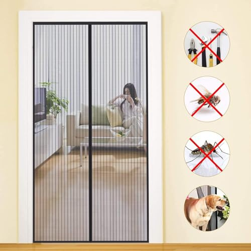 MYCARBON Moustiquaire Porte Fenêtre Aimantée 160x220cm Maillage Ultra Fin Fermeture Automatique Rideau de Porte Magnétique Anti Mouche Anti Insectes Installation sans Perçage avec Ruban Adhésif, Noir