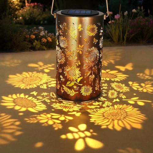 Outdoor Solar Light, Hanging Garden Decoration Sunflower Light, IP65 Waterproof Metal Retro LED Solar Lamp, Balcony Patio Deck Table Lawn Patio Camping Gift, Warm White, 1 Pack
