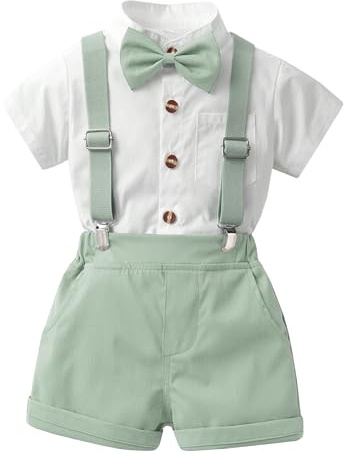 Yimutian Bébé Garçon Ensemble Costume, Chemise et Pantalon Court avec Bretelles avec Noeud Papillon 4 pièces pour Baptême Fête Anniversaire Cérémonie Mariage Vert Clair 3-4 ans