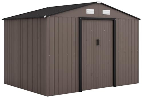 Outsunny Caseta de Jardín Exterior 4,9 m² 277x195x192 cm Efecto Madera Cobertizo de Jardín Exterior con Puerta Corredera Techo Inclinado Base Refuerzo (Suelo NO Incluido) y 4 Ventanas Marrón