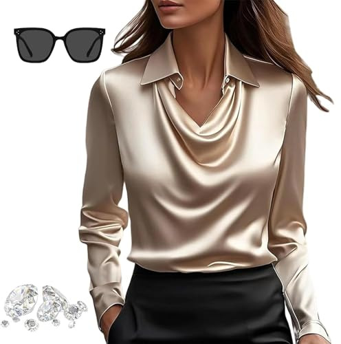 Generisch 2025 Camiseta de Manga Larga Elegante para Mujer con Cuello en V, de un Solo Color, con Drapado en la Parte Delantera, de Seda Satinada, para Trabajo y Oficina, champán, M