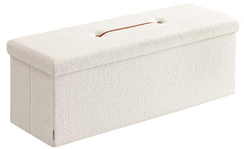 SONGMICS Puff Almacenaje, Baúl Plegable, 38 x 110 x 38 cm, Banco Almacenaje, Banco de Pie de Cama, Soporta hasta 300 kg, para Sala de Estar, Dormitorio, Entrada, Blanco Crema LSF097W01V1
