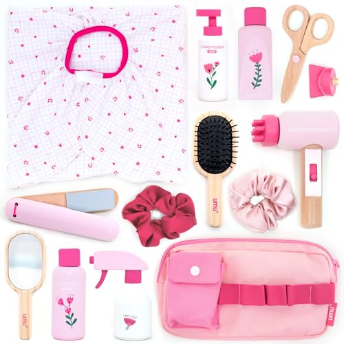 UMU Juego de peluquería de Madera para niños – 17 Piezas de peluquería de Juguete para niñas con secador de Pelo, Plancha, Peine y Espejo – Juego de rol peluquería a Partir de 3 4 5 6 años