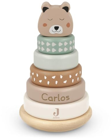 GRAVURZEILE Torre apilable grabada - Jungle Jambo - Personalizado con nombre - Anillos apilables para niños de madera - Cabeza de animal con torre oscilante y 5 anillos de madera - Regalo para niños y