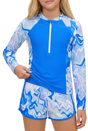 JiAmy Bañador UV para niña con acolchado, manga larga, traje de baño UV, con camiseta de baño y pantalones cortos, camiseta UV, traje de baño 8-14 años
