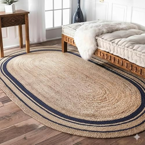 DECORAM WORLD Alfombra de Área Ovalada de Yute Natural Tejida a Mano de 91 x 152 cm con Borde Azul Marino – Alfombra Moderna y Duradera para el Hogar para Sala de Estar, Dormitorio y Entrada