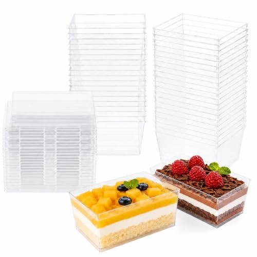 Forhandy 60 stycken dessertglas plast, 160 ml dessertkoppar hårdplast dessertskålar med lock och skedar, återanvändbara dessertkoppar rektangulära för dessert, pudding, tiramisu, mousse