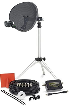 SSL Satellites 60cm Zone1 Portable Satellite Dish Kit Tripod Quad LNB & Satellite Finder - 50M Twin Black - Full DIY Kit for Caravan
