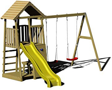 Wendi Toys J9 Spielturm aus Holz Spielturm mit Schaukel, Sandkasten, Picknicktisch und Rutsche gelb | 120 cm hohe Plattform und 2-Sitzer Schaukel | Spielturm für draußen für Kinder
