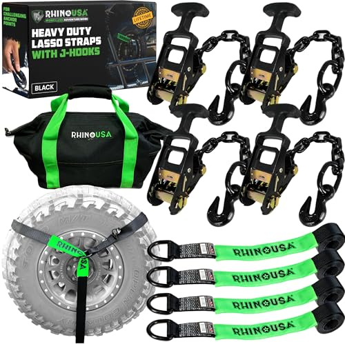 Rhino USA Car Tie Down Straps with J Hooks – 4 Pack 2 x8' – 10,000lbs Break Strength – Heavy Duty T-Handle Car Hauler Tire Lasso Wheel Straps for Trailers, UTV & Powersports – Black