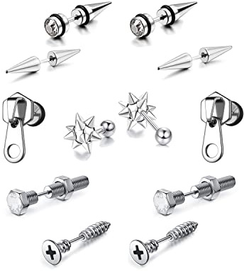 12 Pcs Punk Gothic Silver Stainless Steel Fake Spike Tapers Nail Screw Zipper Closure Stud Earrings Set Illusion Tunnel Piercing Jewelry Gift for Men Women Teen Fake Gauge Earrings