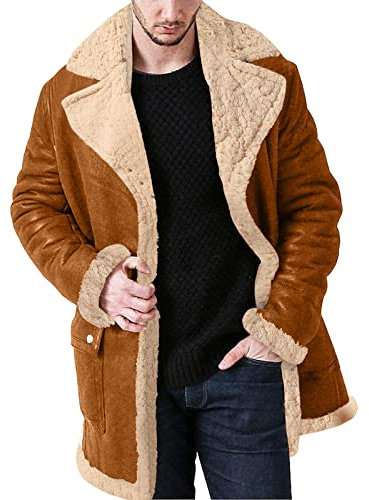 Briskorry Wintermantel Herren Lang Warm,Männer Plus Size Winter Reißverschluss Mantel Revers Kragen Langarm Gepolsterte Lederjacke Vintage Dicken Mantel Schaffell Jacke Modern Winterparka