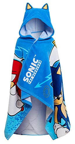 Sonic The Hedgehog Kids Hooded Towel 100% Cotton Absorbant Toweling Kids Poncho Beachtowel Bath Towel Childrens Swimming Wrap Fast Dry, Blue