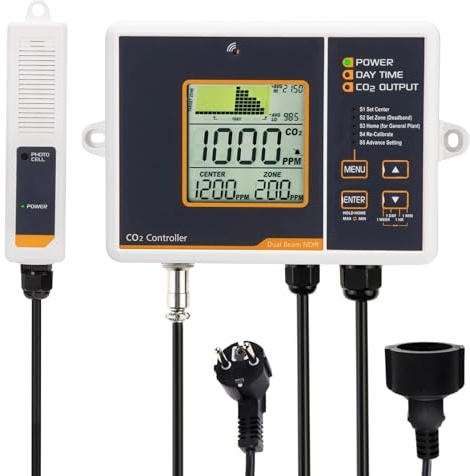Carbón Dióxido CO2 Metro Controlador & Monitor CO2 Detector con Dividido Sensor Remoto y 4.6 Metro Largo Cable Doble Canal Bajo Deriva NDIR Sensor para Invernadero, Residencial, Hidroponía