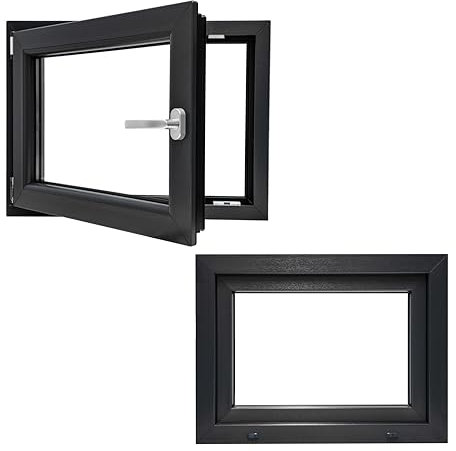 Kunststofffenster PVC Wärmedämmend Fenster Garagenfenster Kellerfenster Billig Günstig Alupl Neo Energeto Dreh Kipp 2-Fach Verglasung Innen und Außen Anthrazit 50x100cm 500x1000mm DIN Links Hersteller