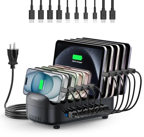 ORICO 120W Ladestation für Mehrere Geräte,10 USB Smart Ports Automatisches Temperaturkontrollsystem,Multi USB Ladestation kompatibel mit iPad, Tablet und Handy(Inklusive 10 Schwarz Ladekabel)