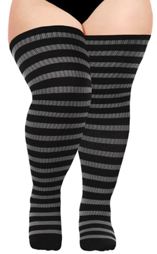 Moon Wood Overknee Strümpfe Damen Thigh Highs Extra Lang Overknees kniestrümpfe Damen Baumwoll Oberschenkelhohe Socken Lang StiefelStrümpfe Große Größen Schwarz & Grau
