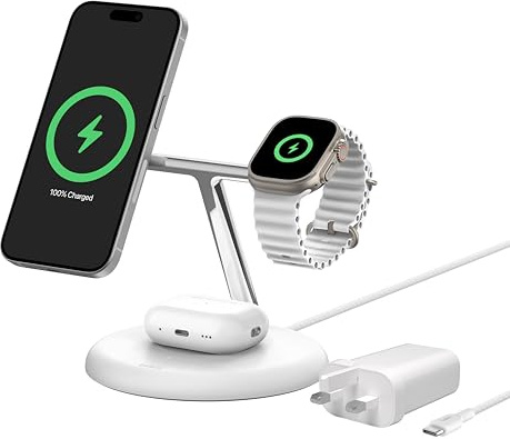 Belkin BoostCharge 3-in-1 Wireless Charging Stand with Qi2 15W, MagSafe Compatible Fast Charger for iPhone 17, Air, 16, 15, 14, 13, 12 Series, PixelSnap, AirPods, Apple Watch (PSU included) - White