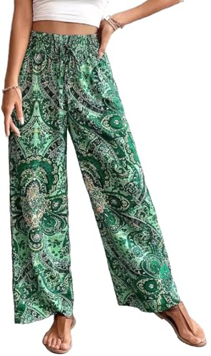 Havejoy Pantalon Fluide Jambe Large Femme Été Imprimé Fleur Élastique Taille Haute Hippie Ethnique Chic Leggings Palzzo Pantacourt Décontracté Party Danse Fête Wide Leg Pants Mode Streetwear Beachwear