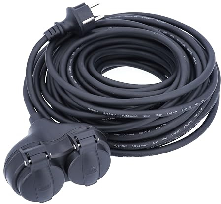 as - Schwabe Cavo di prolunga in gomma, 10 m, H05RR-F 3G1,5, con spina di protezione e attacco di protezione a 2 strati, con tappo di protezione, prolunga da 230 V, 16 A, IP44, nero, 60661