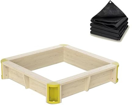 Gran arenero cuadrado de madera con cubierta impermeable y protección del suelo, asiento de 2,5 cm de grosor y valla para niños al aire libre