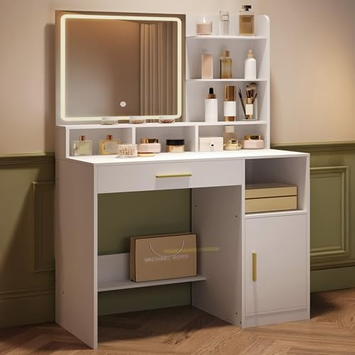 Hzuaneri Toeletta da Trucco, Luminosità Regolabile,Tavolo da Trucco con Specchio Grande, ampio cassetto e armadietto, Durevole e stabile, Moderno, Bianco DT42103XEU