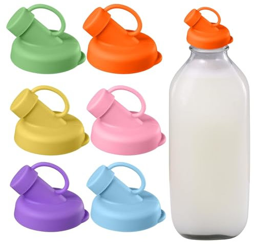 Chaofatchoy 6Pcs Reusable Silicone Milks Bottle Top, 48mm Leak-Proof Pour Spout Nozzle Milk Lids, Milk Bottles Tops for UK Glass Bottles, Multicolour Glass Milks Bottle Tops
