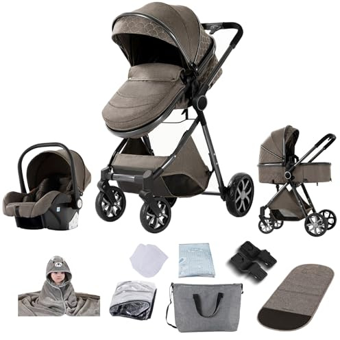 Reenborn Carrito Bebe 3 en 1, Carro Bebe con Diseño Plegable con Un Solo Clic, Cochecito con Dos Modos de Empuje Reversibles, Carricoche 3 Piezas con Marco de Aluminio (YV9 Chocolate)