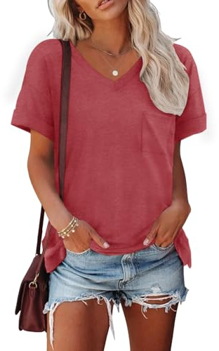 Cuptacc t-shirt damer sommar v-ringad basic top kortärmad lös elegant | Fritid, vardag, mode, lös, andas, klassisk, enkel, lätt och luftig, enfärgad, med ficka, elastisk