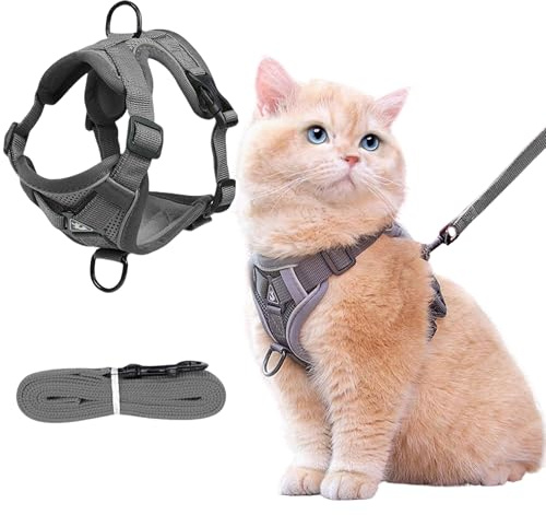 Xiciki Adjustable Cat Harness and Lead Set with Reflective Strips, Cat Walking Vest Anti-Escape Adjustable Soft Mesh Cat Leash and Breastplate Set for Kitten, Small Medium Large Cats, Gray(L)