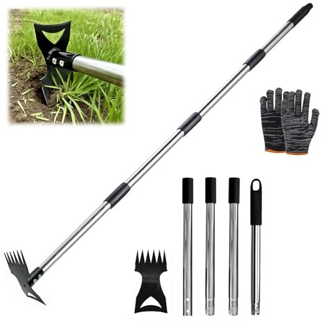 Jinfanshurich Diserbante 2 in 1 con manico 148 cm – Rastrello per erbacce e zappa in acciaio al manganese – Diserbante manuale – Strumento da giardino Weeder per prato, aiuole da giardino
