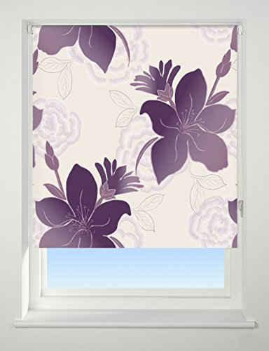 UNIVERSAL Lily Patterned Thermal Blackout Roller Blind, Purple, W90cm