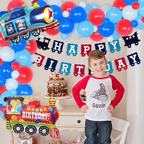 Fangleland Zug Party Dekorationen - Eisenbahn Deko Geburtstag Ballon Girlande Kit Mylar-Luftballons Happy Birthday Banner für Jungen 2/3/4 Jahre alt Geburtstag Party Supplies