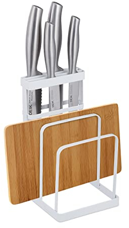 Relaxdays 2 in 1 Chopping Board & Knife Holder, Metal, Organiser Stand for Kitchen Worktop, 21.5 x 12 x 14 cm, White