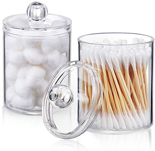 MEETOZ 2 Pack Qtip Holder Dispenser for Cotton Ball, Cotton Swab, Cotton Round Pads, Floss - Clear Plastic Apothecary Jar Set for Bathroom Canister Storage Vanity Makeup Organizer (2 Pack)