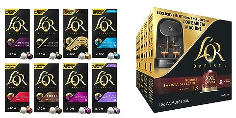 L'OR Favourites Assortment Nespresso Compatible Coffee Pods (Pack of 8, Total 80 Drinks) & L’OR BARISTA Double Barista Selection XXL Aluminium Coffee Capsules (5 X 10 Pods) Intensity 13