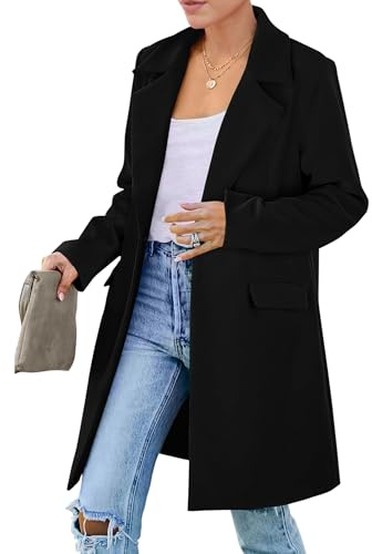PRETTYGARDEN Women's 2025 Fall Long Blazer Jackets Long Sleeve Lapel Pockets Loose Fit Work Casual Blazers Outerwear (Black,Small)