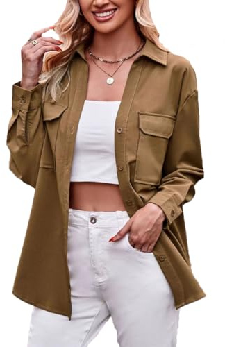 LIAOPUFUS Femme Chemisier Décontractée Col en V Style OL Blouse Ample avec Double Poches Chemisier Tempérament Élégant (L,café)