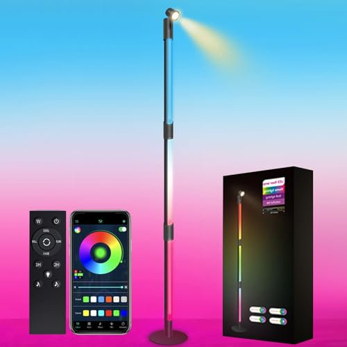 Exlafi 360° Rotative Lampe Lampadaire, 135CM LED RGB Lampadaire Sur Pied Salon, 16 Millions Couleurs, Musique Sync, avec Télécommande & APP, Barre LED RGBW pour Deco Gaming Salon Chambre TV