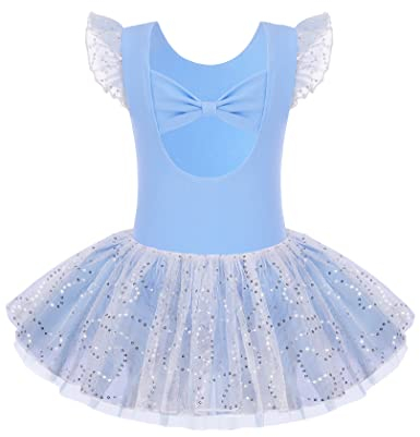 Arshiner Kinder Ballettkleidung 2-10 Jahre Mädchen Schleifen Ballettkleid Kurzarm Ballettanzug Glitzer Tanzkleid Baumwolle Ballett Trikot Mit Chiffon Rock Tütü Blau 140