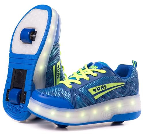 WOHS Turnschuhe mit Zwei Rädern und LED-Leuchten. Wiederaufladbar, 16 Lichteffekte. Automatisches Hinterrad. Blau/Grün. Größe 35