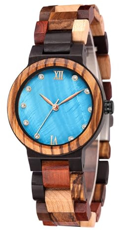 Tiong Women's Blue Roman Numeral Wooden Watch, Handmade Colored Quartz Wooden Watch for Women