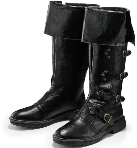 Jiuguva Medieval Pirate Boots Men Renaissance Costume Boots High Tube Steampunk Shoes Halloween Cosplay Costume Accessories(Us 13,Black)