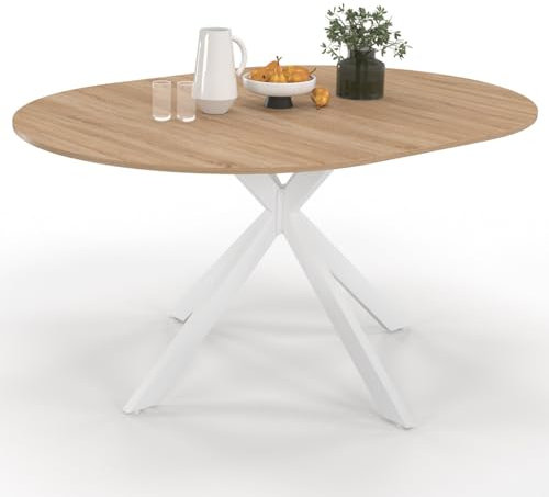 IDMarket Esstisch, ausziehbar, rund, Alix, 4-8 Personen, Spinnenfuß, Holz und Weiß, 110 – 150 cm