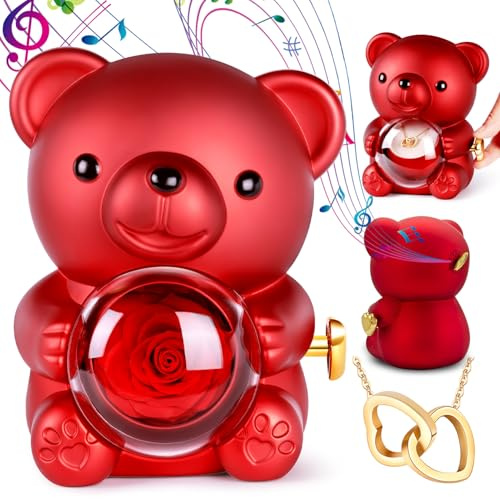 Orsetto con Rosa e Collana, Orso di Rosa Eterna con Carillon a Manovella, Idee Regalo San Valentino Lei, Orso Rose Eterna con Collana, Orsetto Rose Stabilizzata, Regalo Donna per Compleanno e Natale